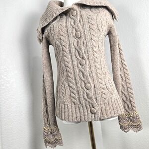 Sleeping on Snow Wool Cable Knit Cardigan Sweater M Shawl Collar Sparkle Sleeve